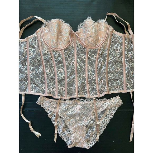Victoria's Secret 36B,36D,36DD BRA SET+garter CORSET BEIGE SILVER evening blush - Picture 6 of 11